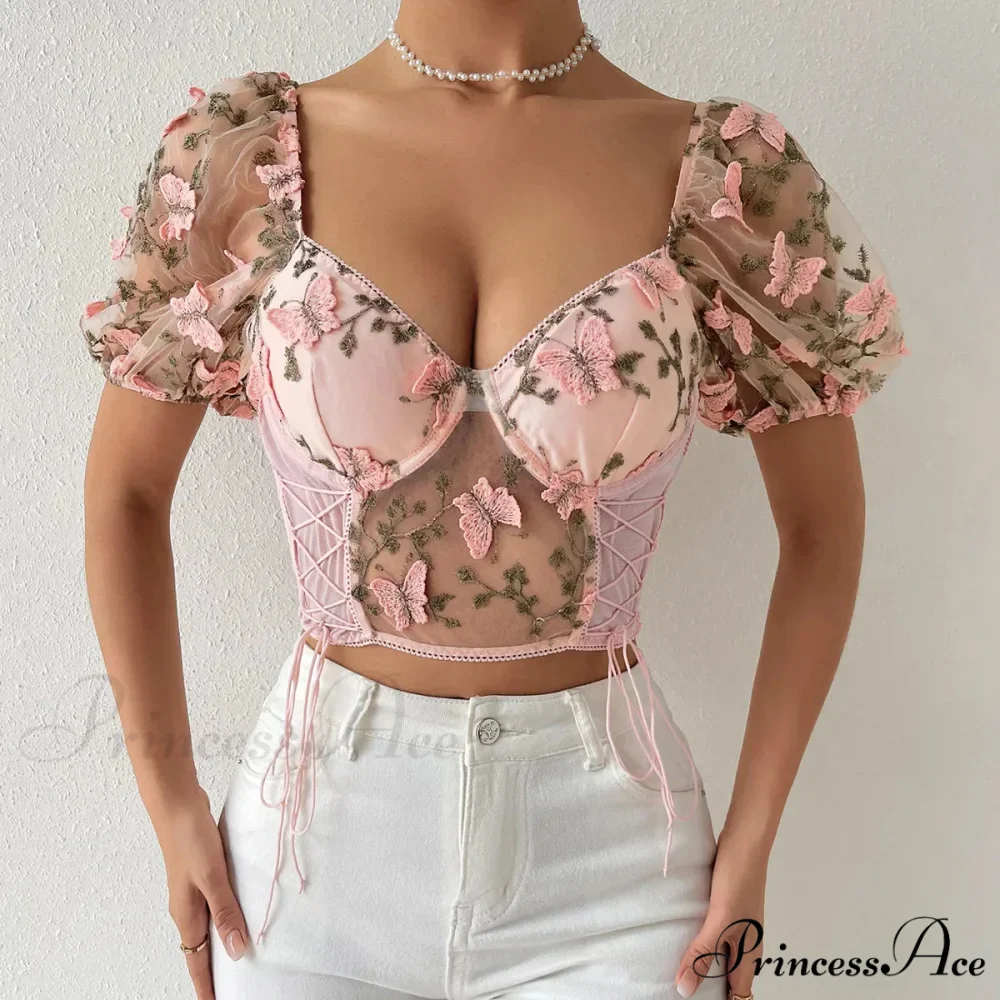 Insect Stitched Mesh Puff Sleeve Lace-up Corset Top - Image 8