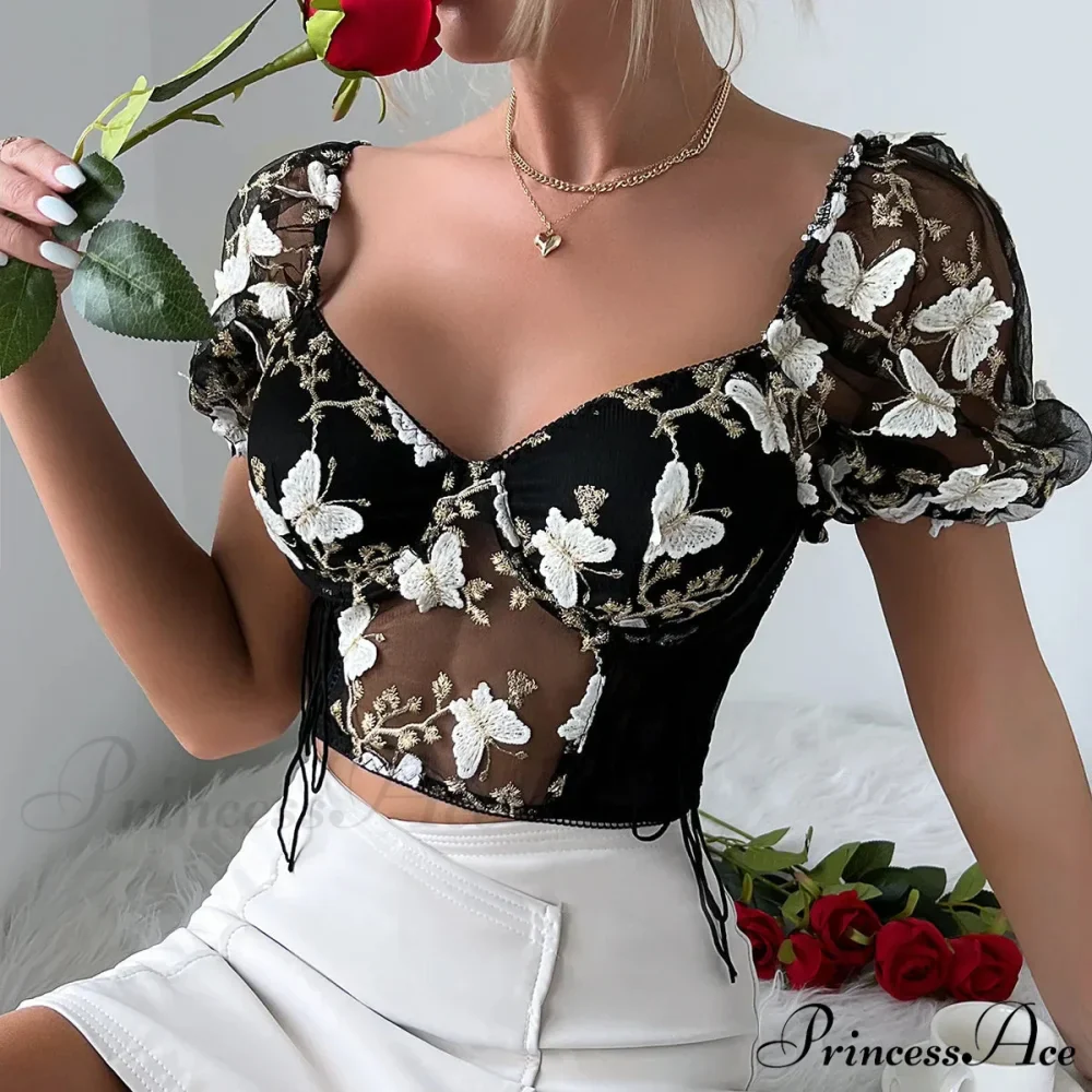 Insect Stitched Mesh Puff Sleeve Lace-up Corset Top - Image 9