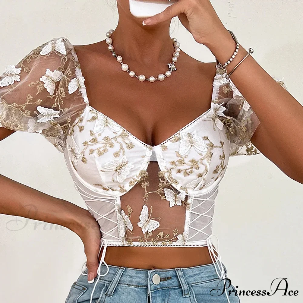 Insect Stitching Mesh Joining V Neck Trim Transparent Crop Top - Image 10