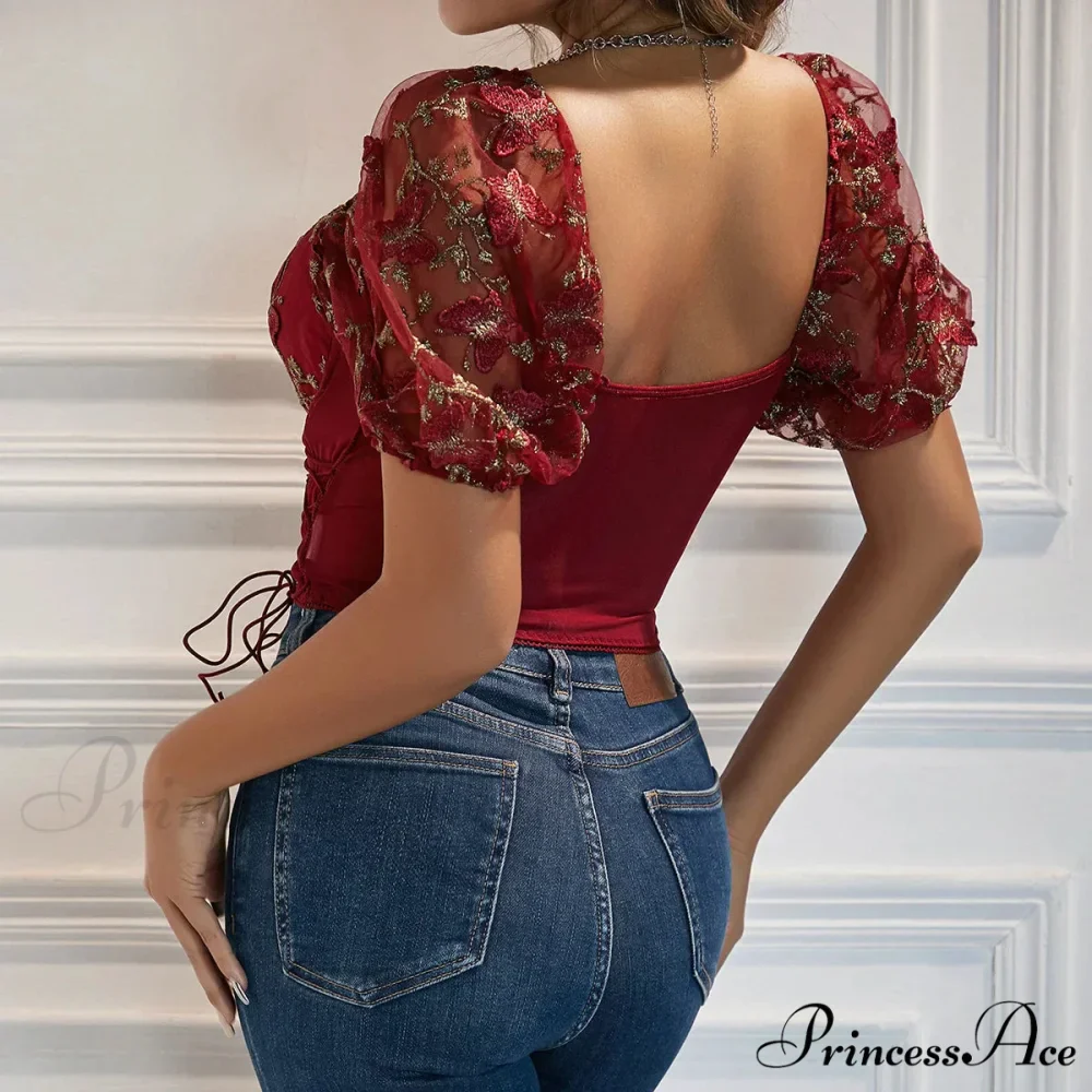 Insect Stitching Mesh Joining V Neck Trim Transparent Crop Top - Image 2