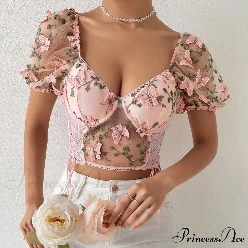 Insect Stitching Mesh Joining V Neck Trim Transparent Crop Top - Image 6
