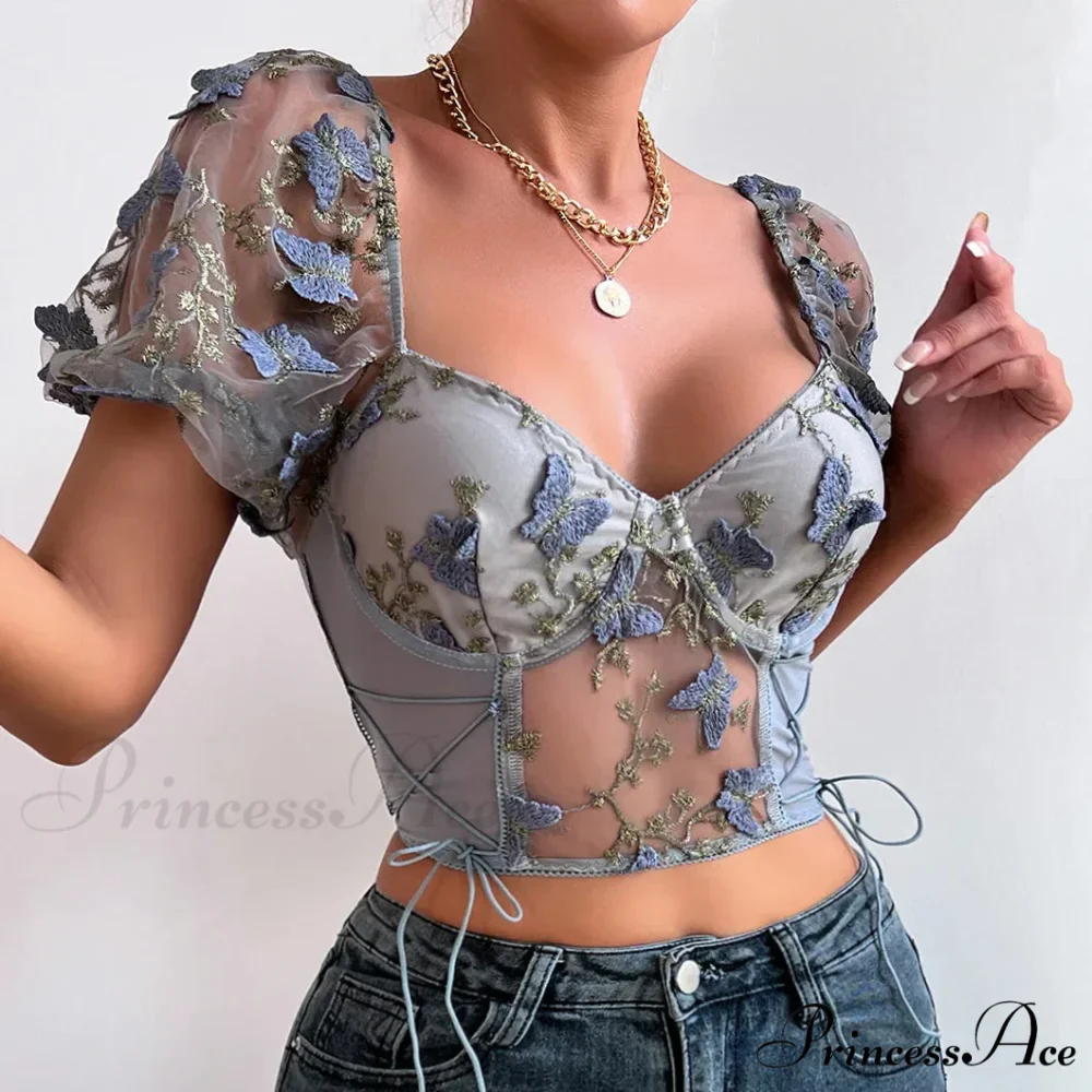 Insect Stitching Mesh Joining V Neck Trim Transparent Crop Top - Image 9