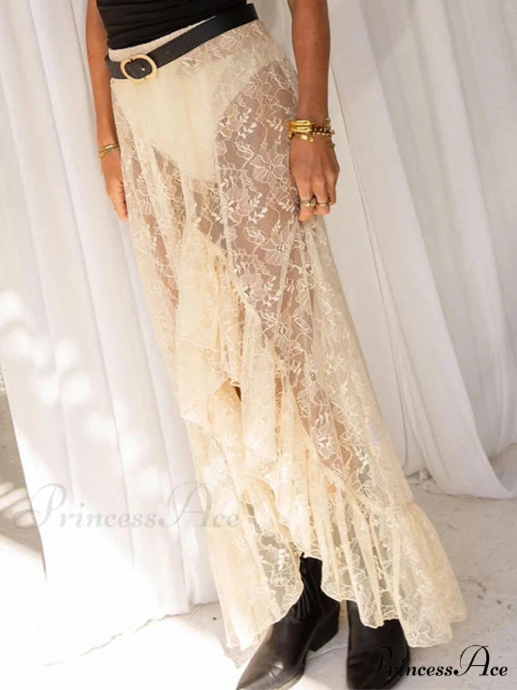 Irregular Frill Lace Form-Fitting Summer Beach Y2K Long Skirt - Image 4