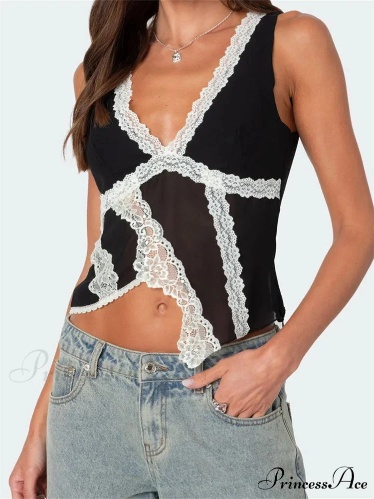 Irregular Lace Trim Low-cut Slim Crop Top