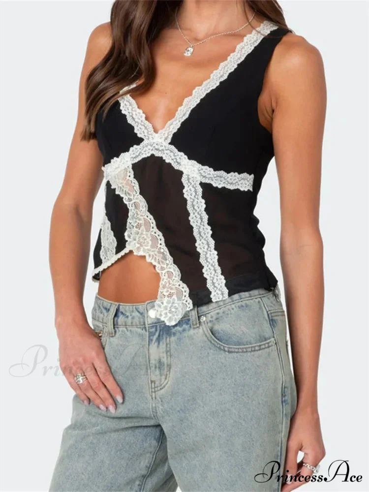 Irregular Lace Trim Low-cut Slim Crop Top - Image 2