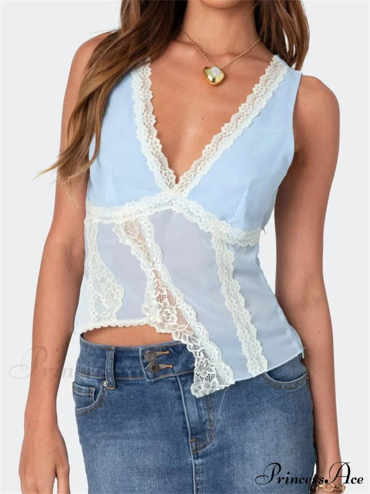 Irregular Lace Trim Low-cut Slim Crop Top - Image 4