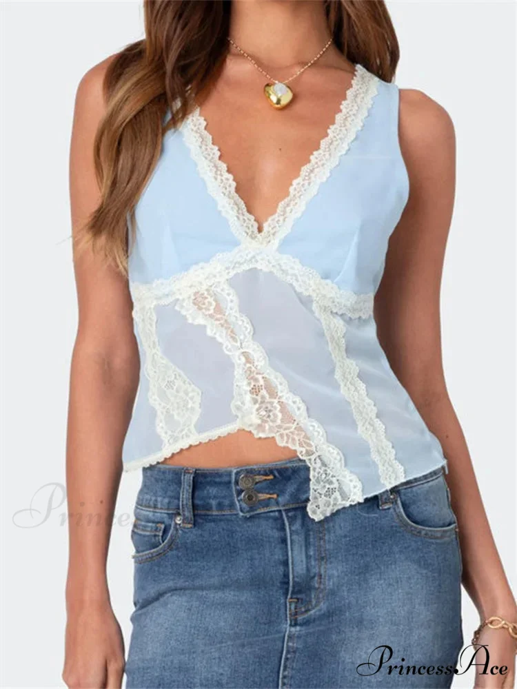 Irregular Lace Trim Low-cut Slim Crop Top - Image 7