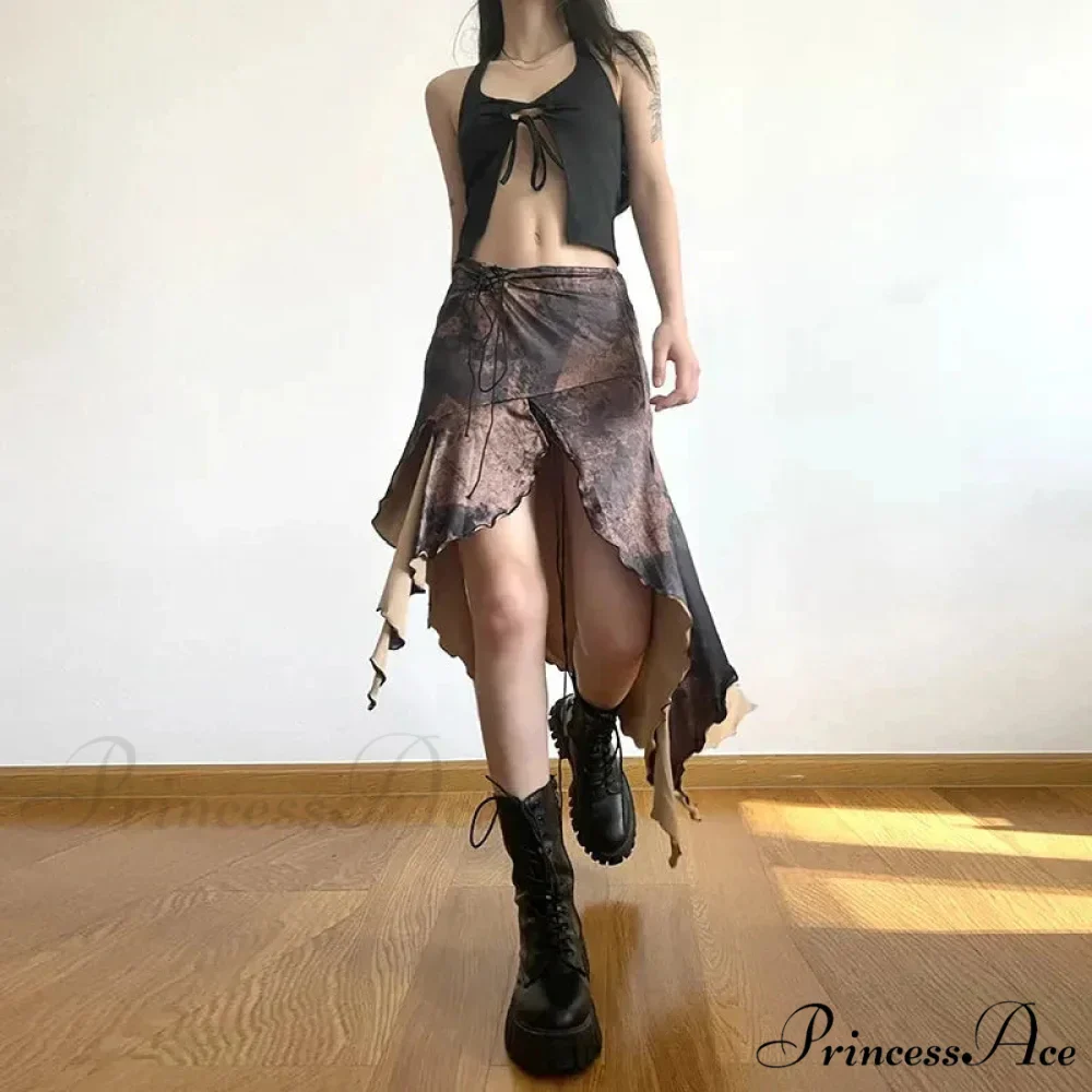 Irregular Midi Skirt Vintage Boho Frills Print Skirt - Image 2