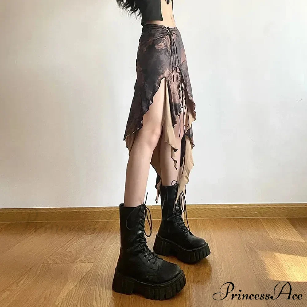 Irregular Midi Skirt Vintage Boho Frills Print Skirt - Image 3