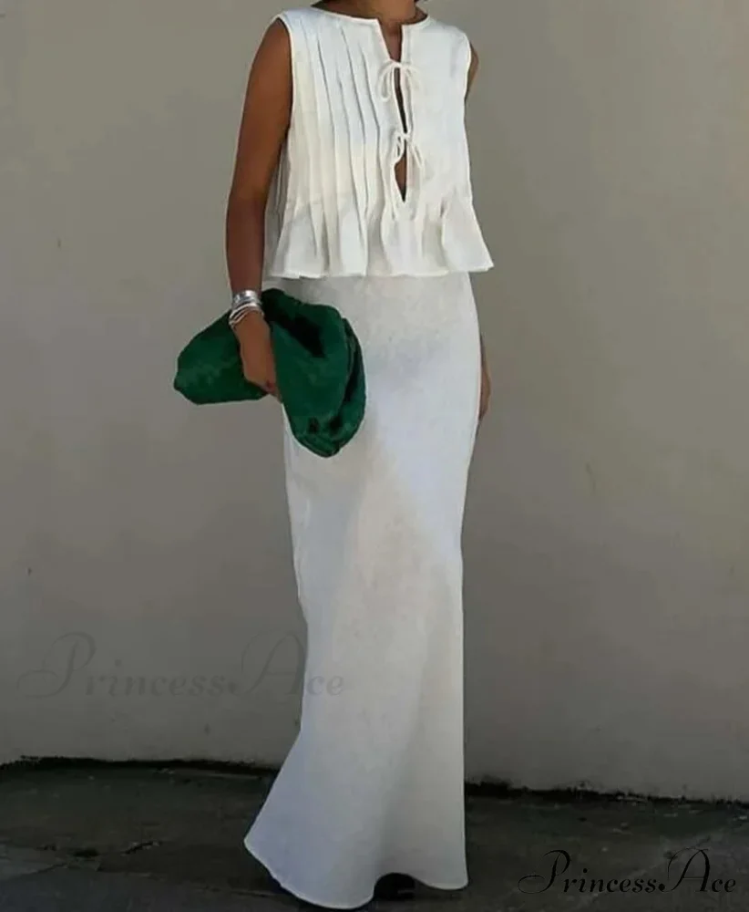 Ivory Cotton Lace-Up Ankle Skirt Workplace Two Piece Set - Image 2