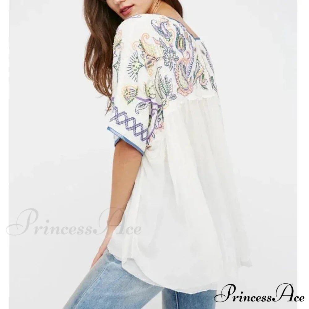 Ivory Cotton Rayon Beaded Floral Embroidered Bohemian Top - Image 2