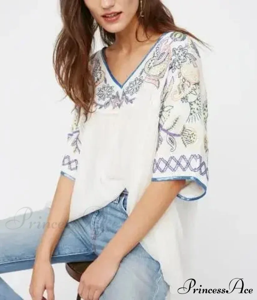 Ivory Cotton Rayon Beaded Floral Embroidered Bohemian Top - Image 3