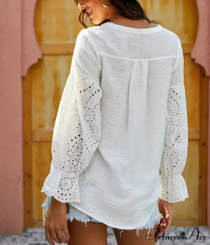Ivory Extended Sleeve Lace Baggy Plunging Neckline Bohemian Top - Image 3
