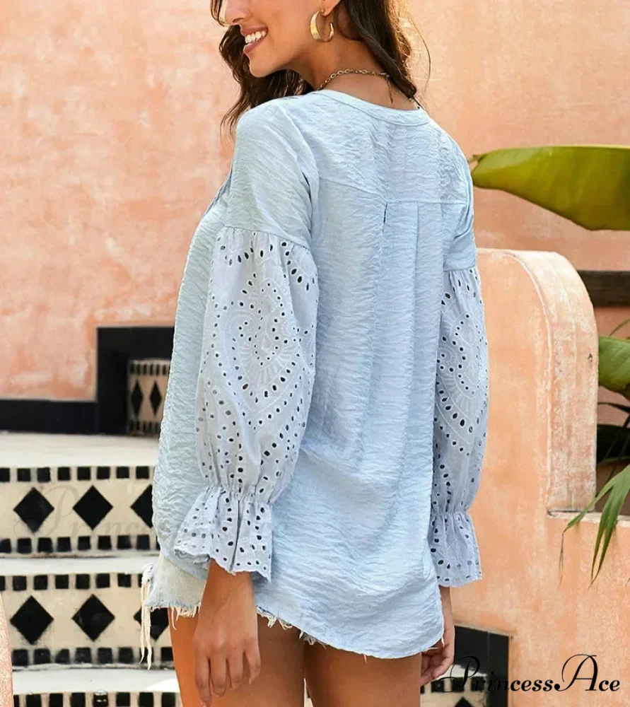 Ivory Extended Sleeve Lace Baggy Plunging Neckline Bohemian Top - Image 5