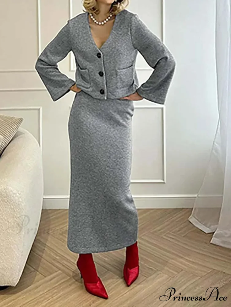 Ivory Knitted V-Neck Tailored Skirt Professional Duo Set - Image 2