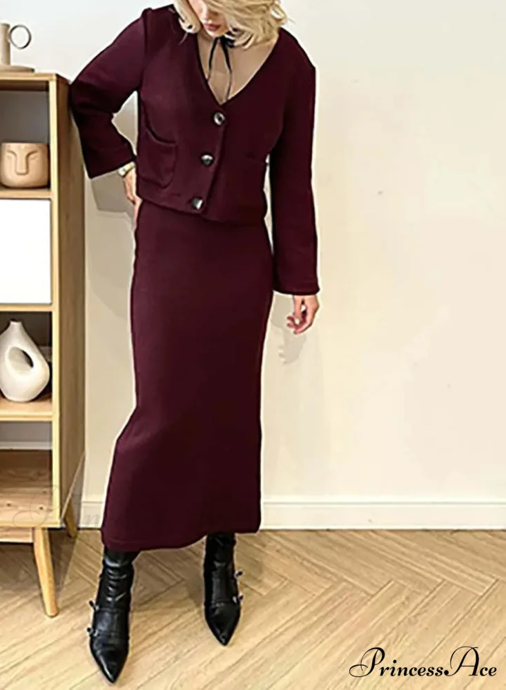 Ivory Knitted V-Neck Tailored Skirt Professional Duo Set - Image 3
