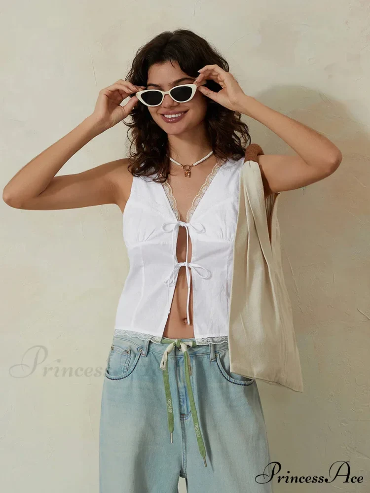Ivory Lace Bind-front Low-cut Slim Sleeveless Crop Top - Image 2