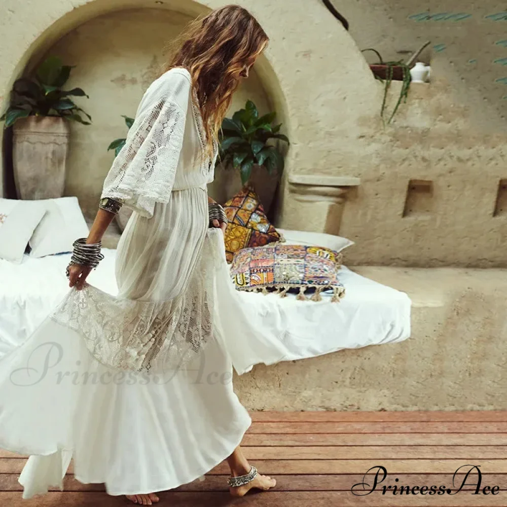 Ivory Lace Brief Sleeve Bohemian Dress - Image 3