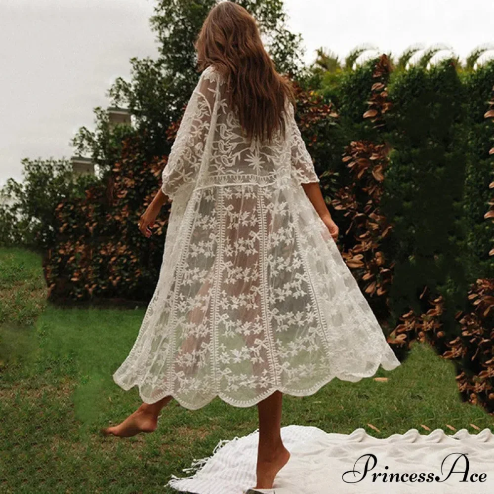 Ivory Lace Cardigan Hippie Swimsuit Cover Up Transparent - Image 2