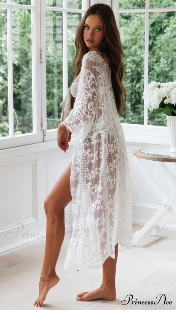Ivory Lace Cardigan Hippie Swimsuit Cover Up Transparent - Image 4