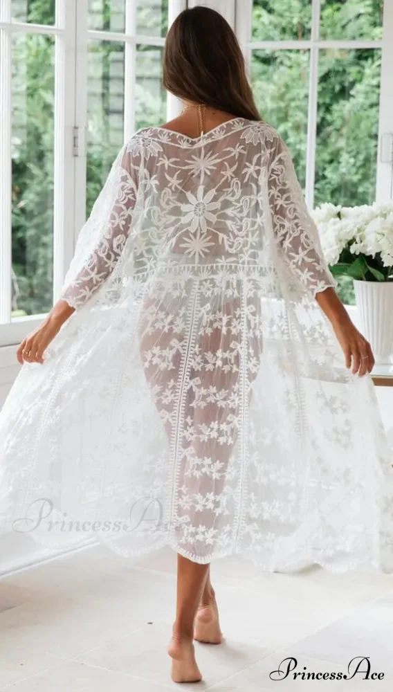 Ivory Lace Cardigan Hippie Swimsuit Cover Up Transparent - Image 5