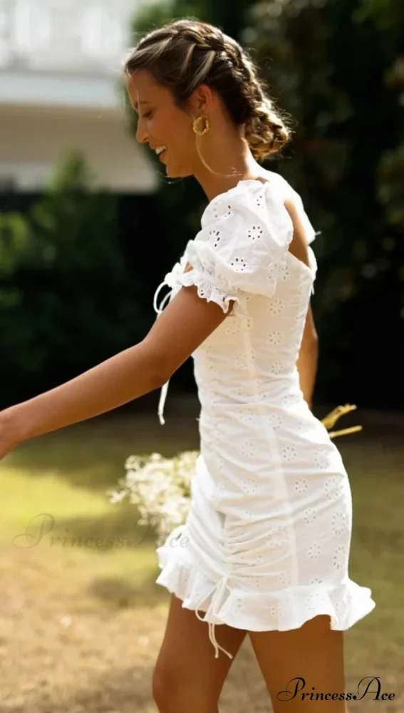 Ivory Lace Cotton Brief Sleeve Body-Hugging Mini Bohemian Dress - Image 3