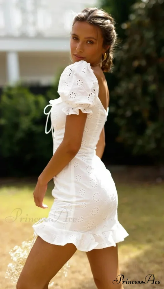 Ivory Lace Cotton Brief Sleeve Body-Hugging Mini Bohemian Dress - Image 4