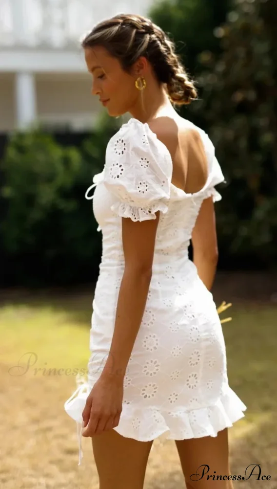 Ivory Lace Cotton Brief Sleeve Body-Hugging Mini Bohemian Dress - Image 5