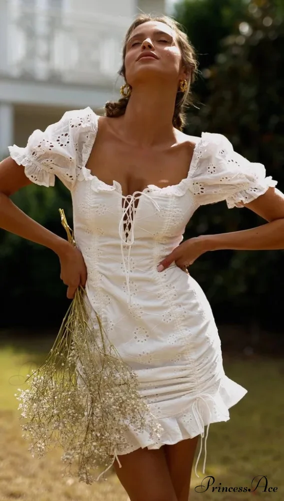 Ivory Lace Cotton Brief Sleeve Body-Hugging Mini Bohemian Dress - Image 6