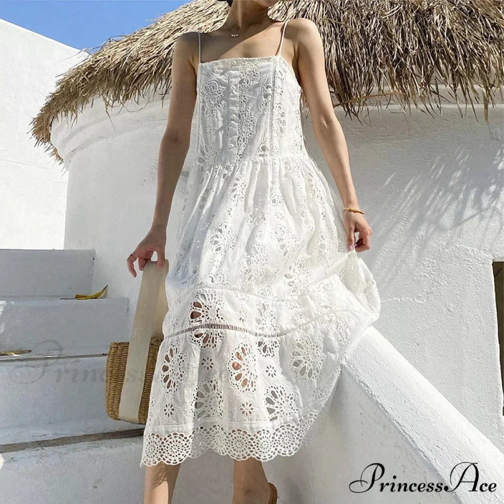 Ivory Lace Dress Cotton Floral Embroidery Strap Sleeveless Women Summer Dress - Image 2