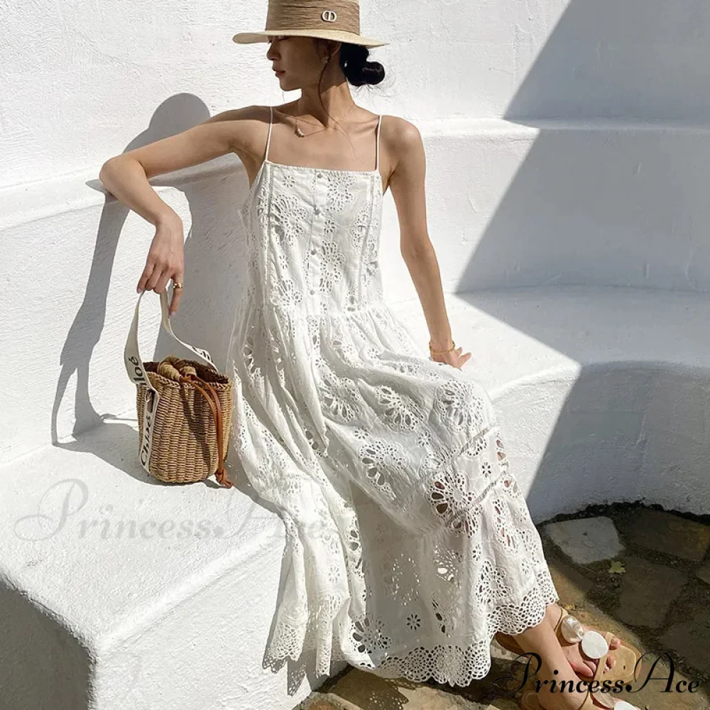 Ivory Lace Dress Cotton Floral Embroidery Strap Sleeveless Women Summer Dress - Image 3