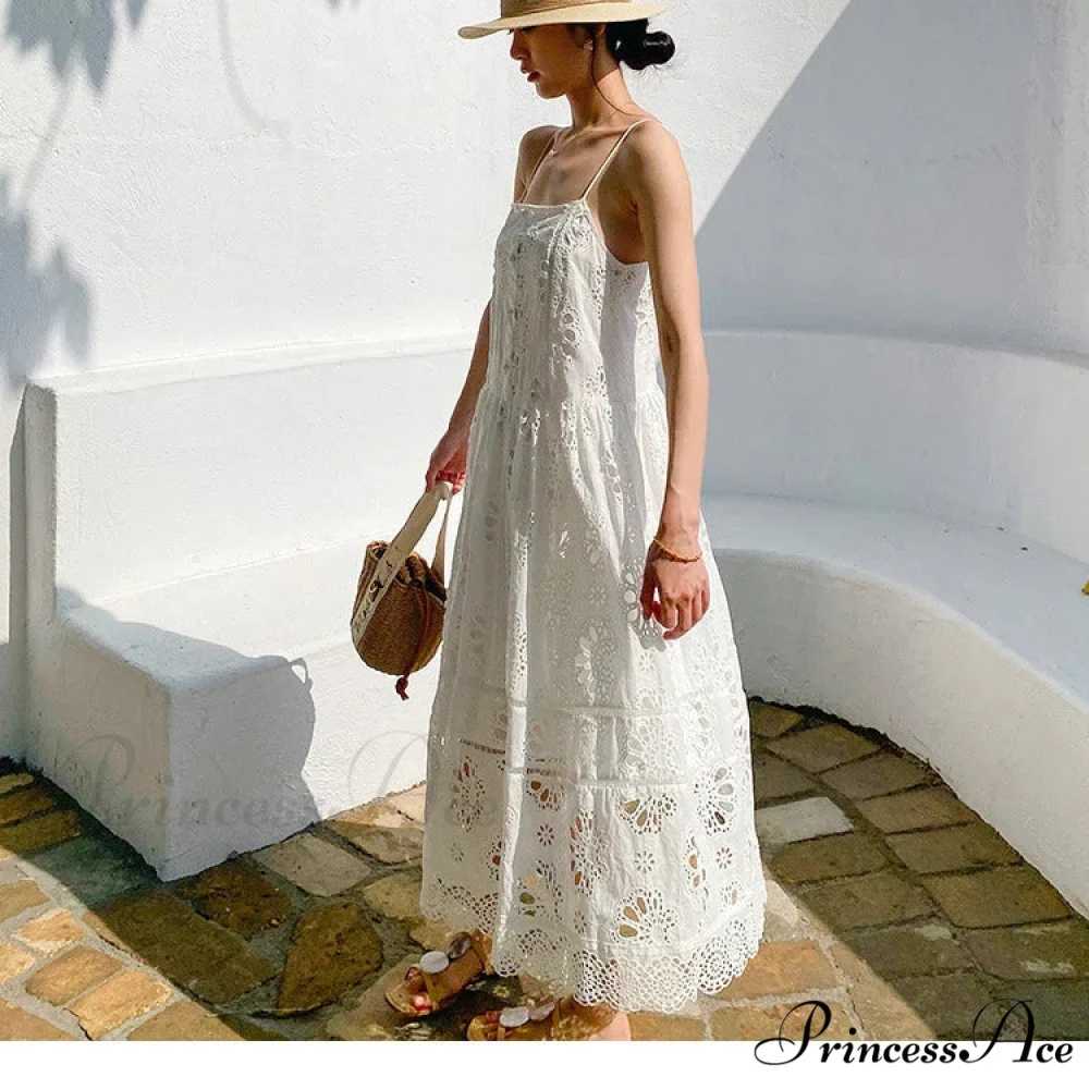 Ivory Lace Dress Cotton Floral Embroidery Strap Sleeveless Women Summer Dress - Image 4