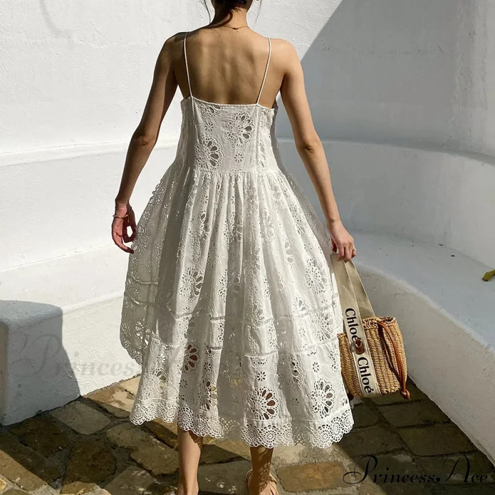 Ivory Lace Dress Cotton Floral Embroidery Strap Sleeveless Women Summer Dress - Image 5