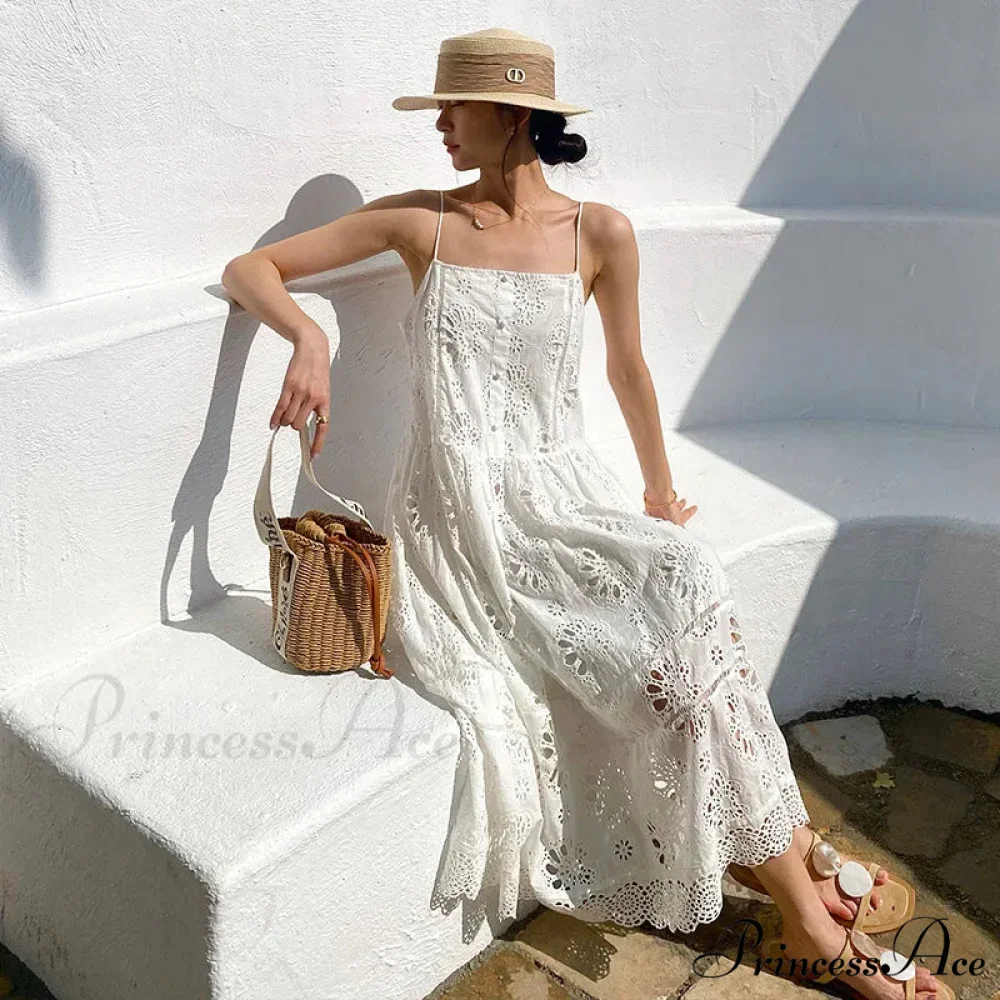 Ivory Lace Dress Cotton Floral Embroidery Strap Sleeveless Women Summer Dress - Image 6