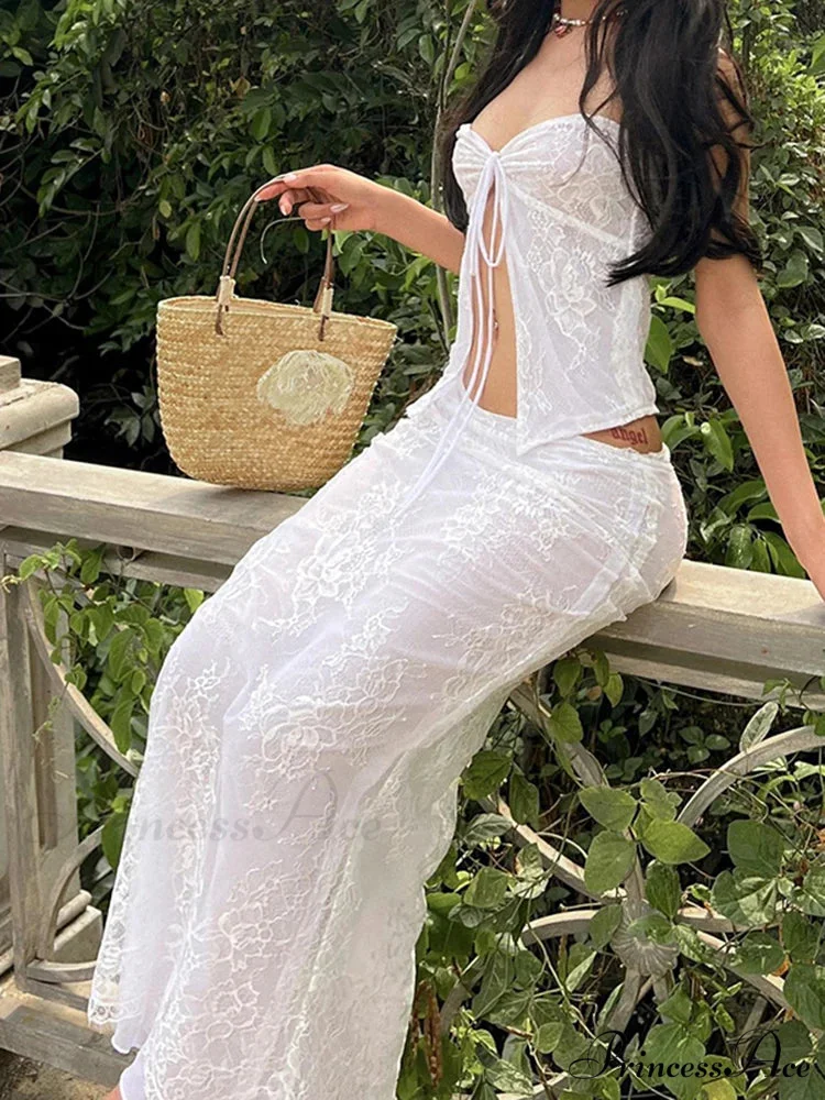 Ivory Lace Flowery Sleeveless Off-Shoulder Bandeau Wrap Flowery Dress - Image 3