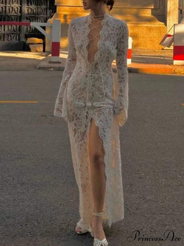 Ivory Lace Knitted Blossom Low Cut Crisscross Slit Blossom Dress - Image 4