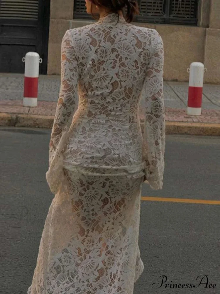 Ivory Lace Knitted Blossom Low Cut Crisscross Slit Blossom Dress - Image 5