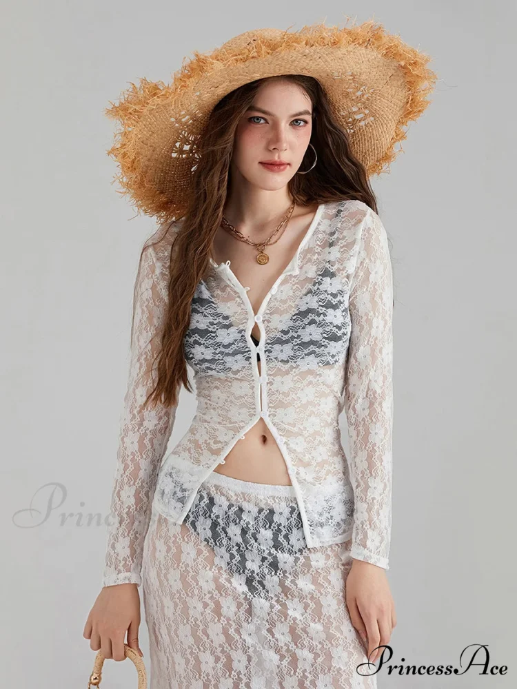Ivory Lace Mesh Extended Sleeve Button-Up Floral Skirt Set - Image 2