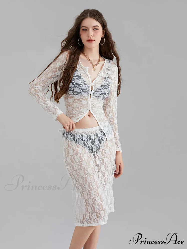 Ivory Lace Mesh Extended Sleeve Button-Up Floral Skirt Set - Image 3