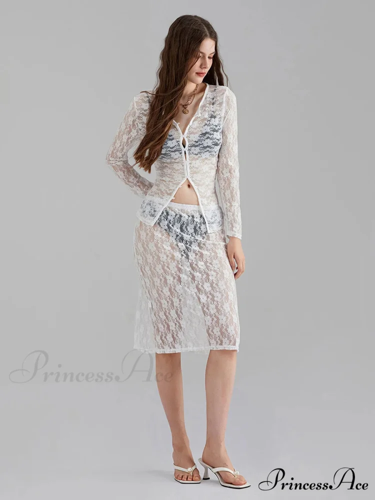 Ivory Lace Mesh Extended Sleeve Button-Up Floral Skirt Set - Image 4