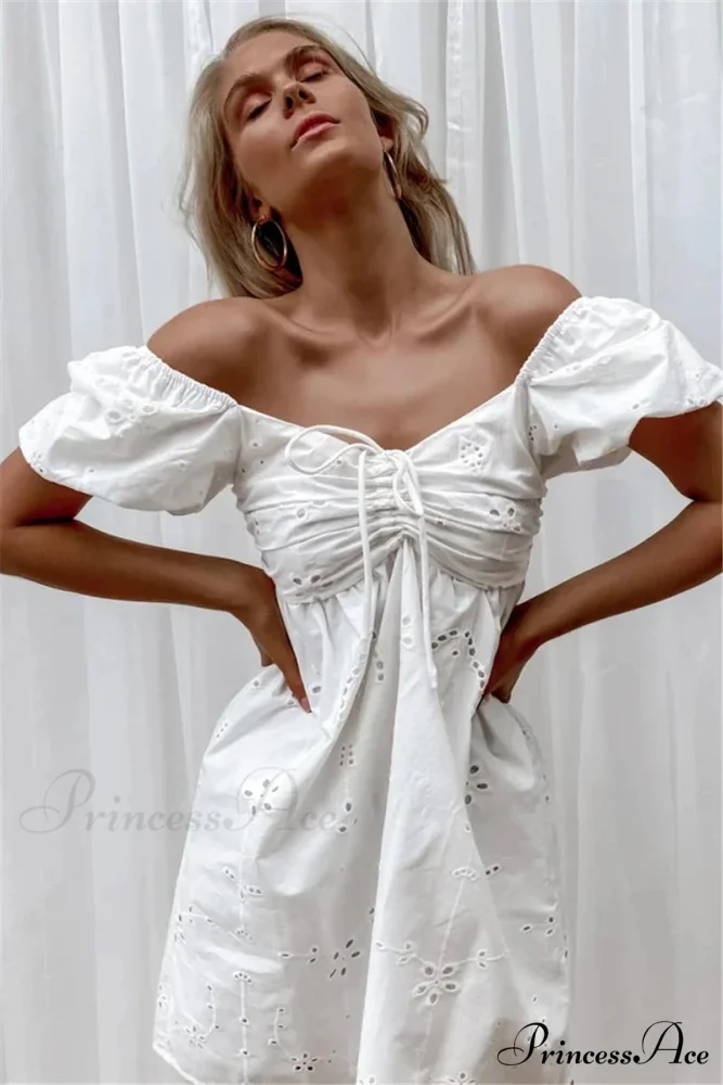 Ivory Lace Needlework V-neck Cotton Wrist Mini Boho Dress - Image 2