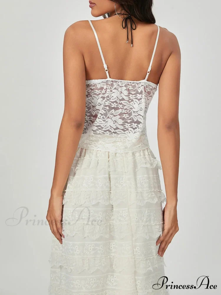 Ivory Lace Thin Strap Wrap Hem Slip Camisole Top - Image 3