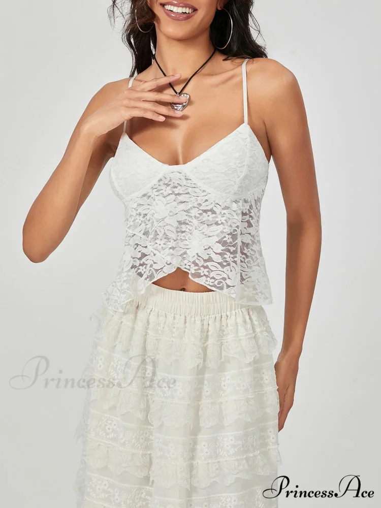 Ivory Lace Thin Strap Wrap Hem Slip Camisole Top - Image 6