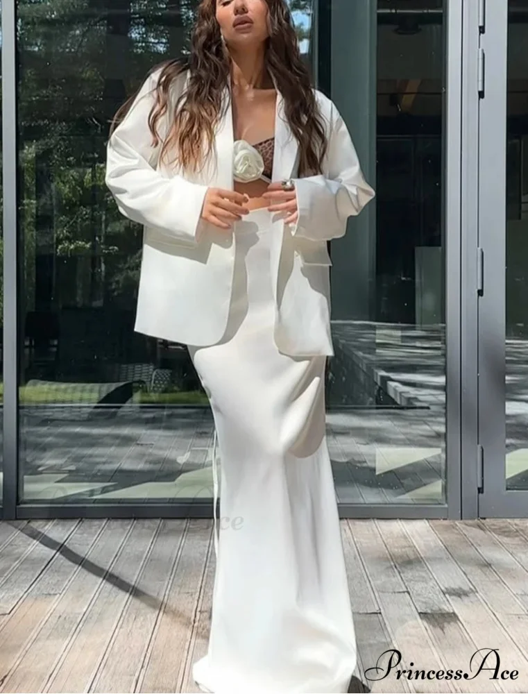 Ivory Silk Extended Sleeve Skirt Workplace Two Piece Set - Image 2