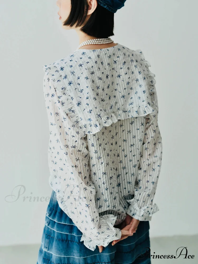 Japanese Flowery Blue Collar Extended Sleeve Blouse - Image 2