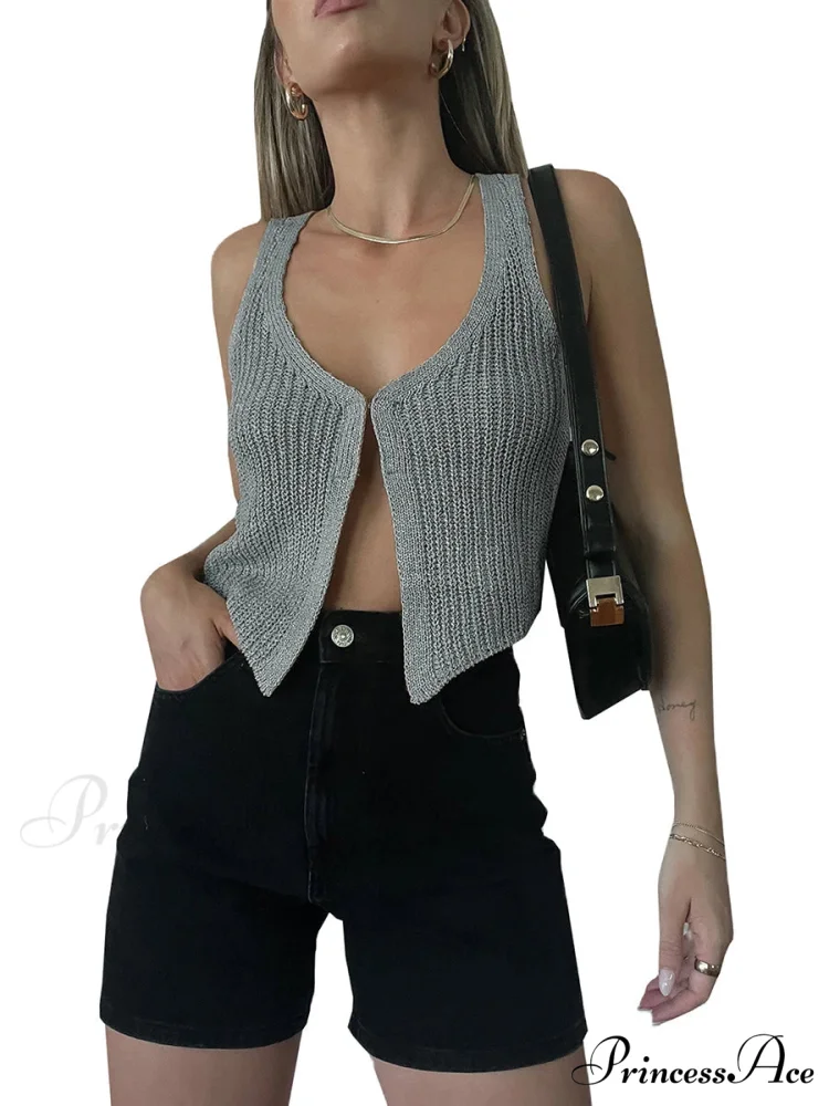 Knit Deep Neck Solid Short Top - Image 3