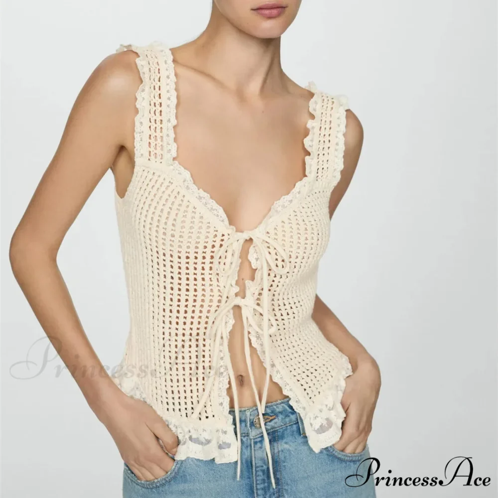 Knit Tie-Front Crochet Crop Top - Image 2