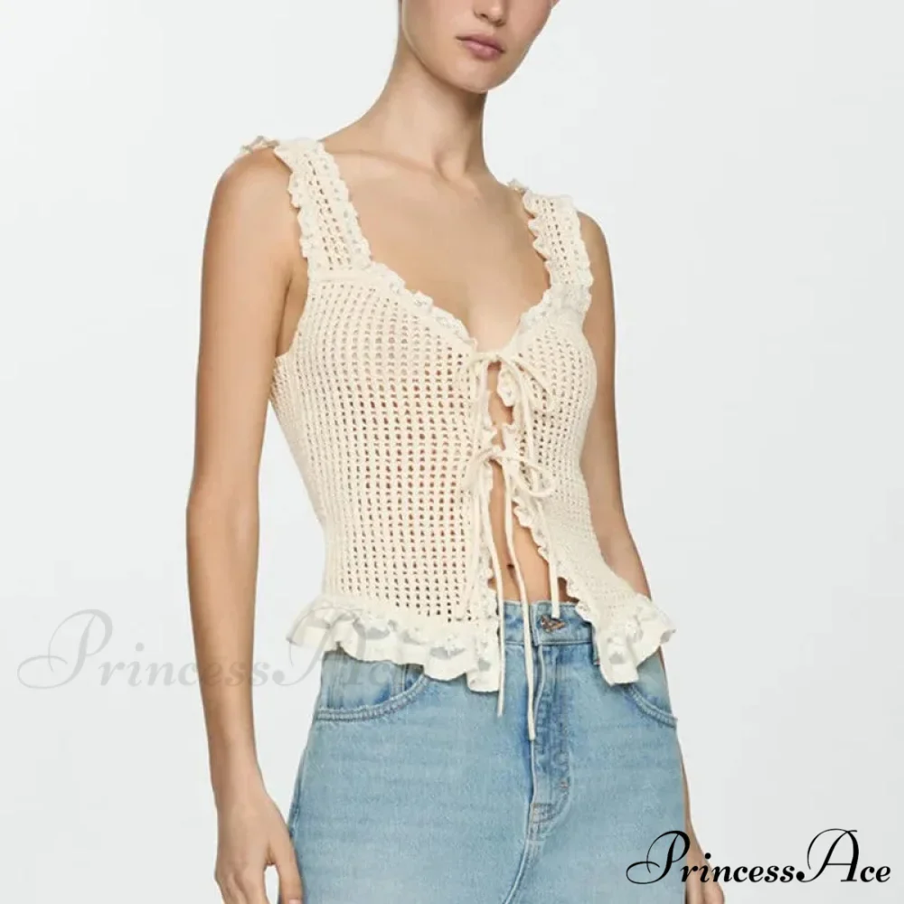 Knit Tie-Front Crochet Crop Top - Image 3