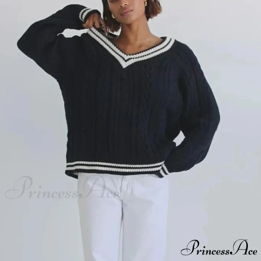 Knitted Baggy Differentiated Border Urban Sweater - Image 3