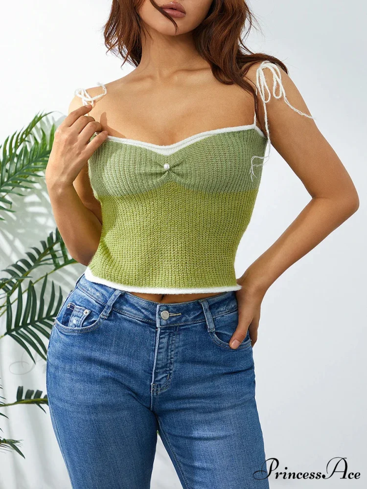 Knitted Contrast Lace-up Spaghetti Strap 90s Crop Top - Image 2